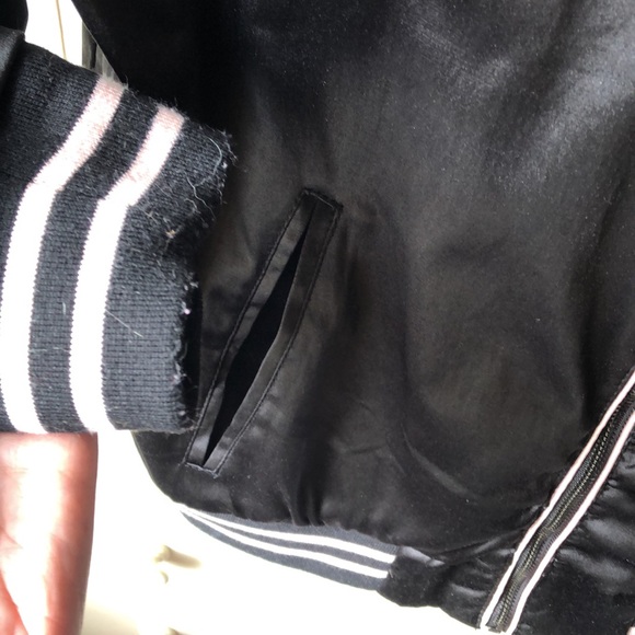 ASHLEY 26 International • Black Satin Baseball Style Bomber Jacket w/ Pink Trim - Picture 6 of 11